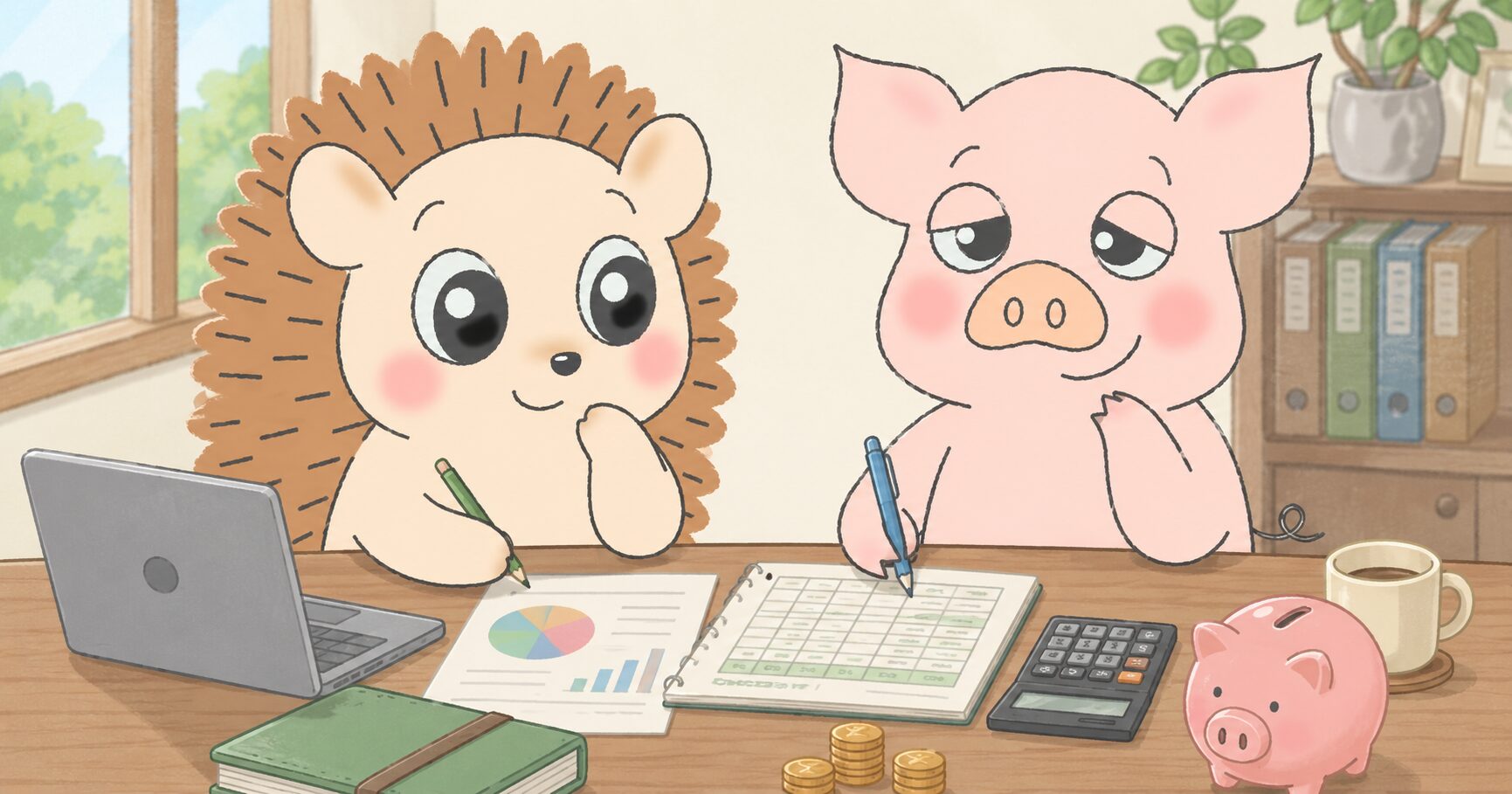 月間予算チェッカーで家計の使用率を確認するハリーとトン吉のイラスト