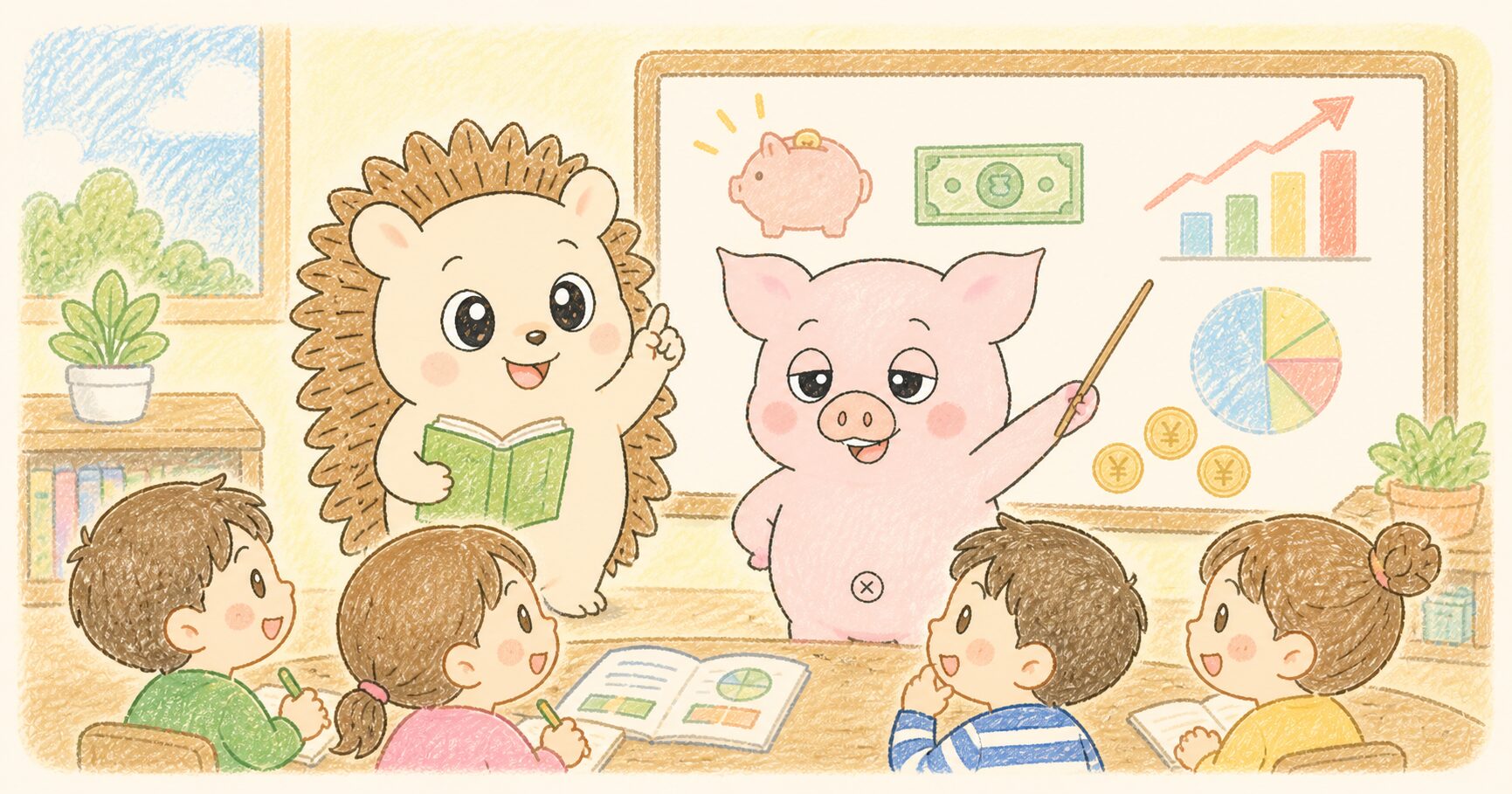 スーパーで買い物をするハリーとトン吉のイラスト