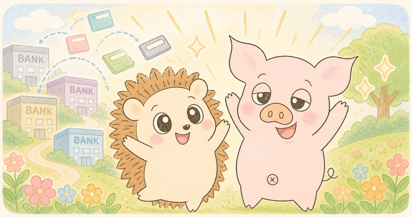 スマホで買い物リストを確認するハリーとトン吉のイラスト