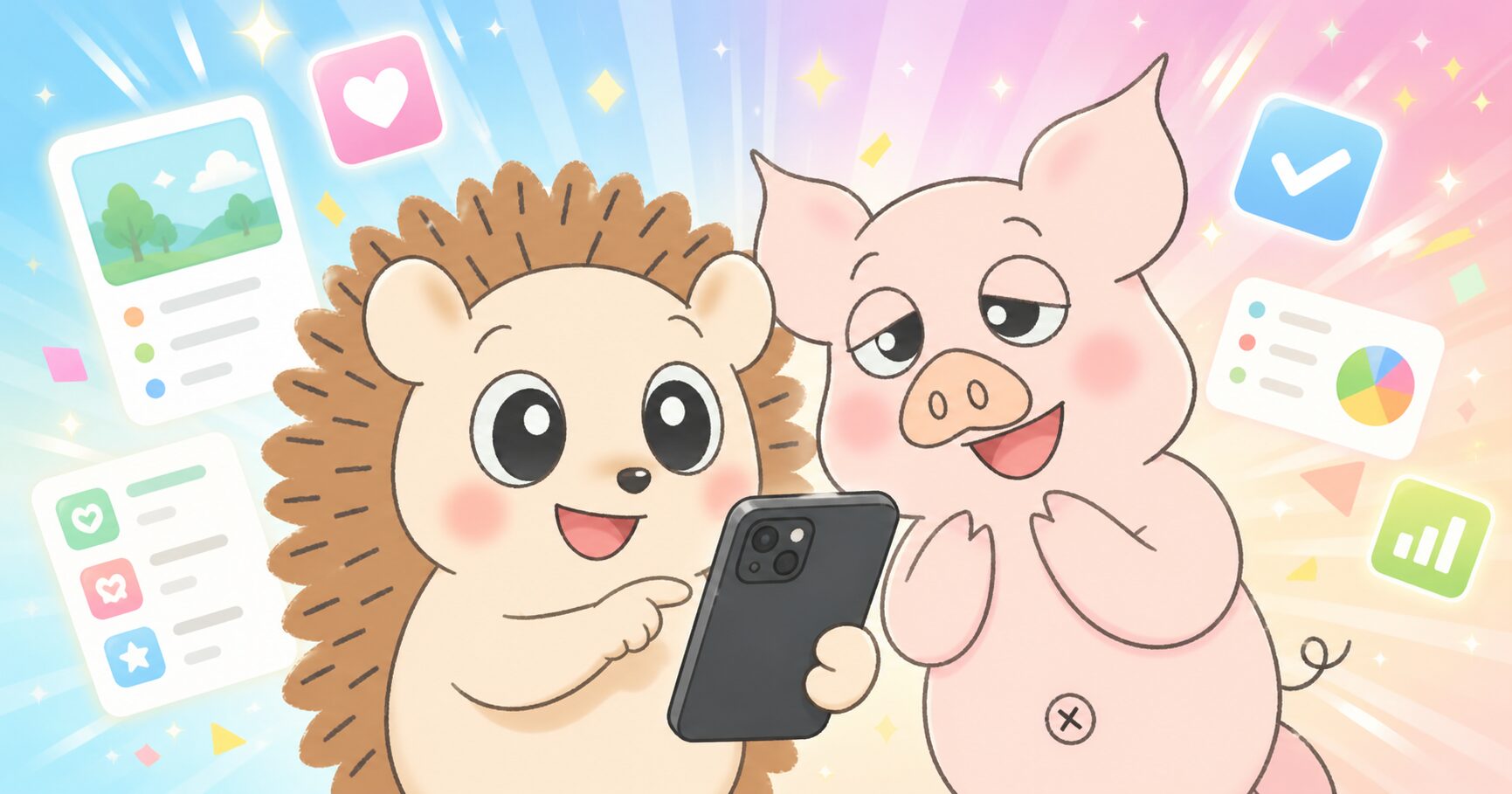 はりねずみのハリーと豚のトン吉がスマホでアプリを見ているイラスト