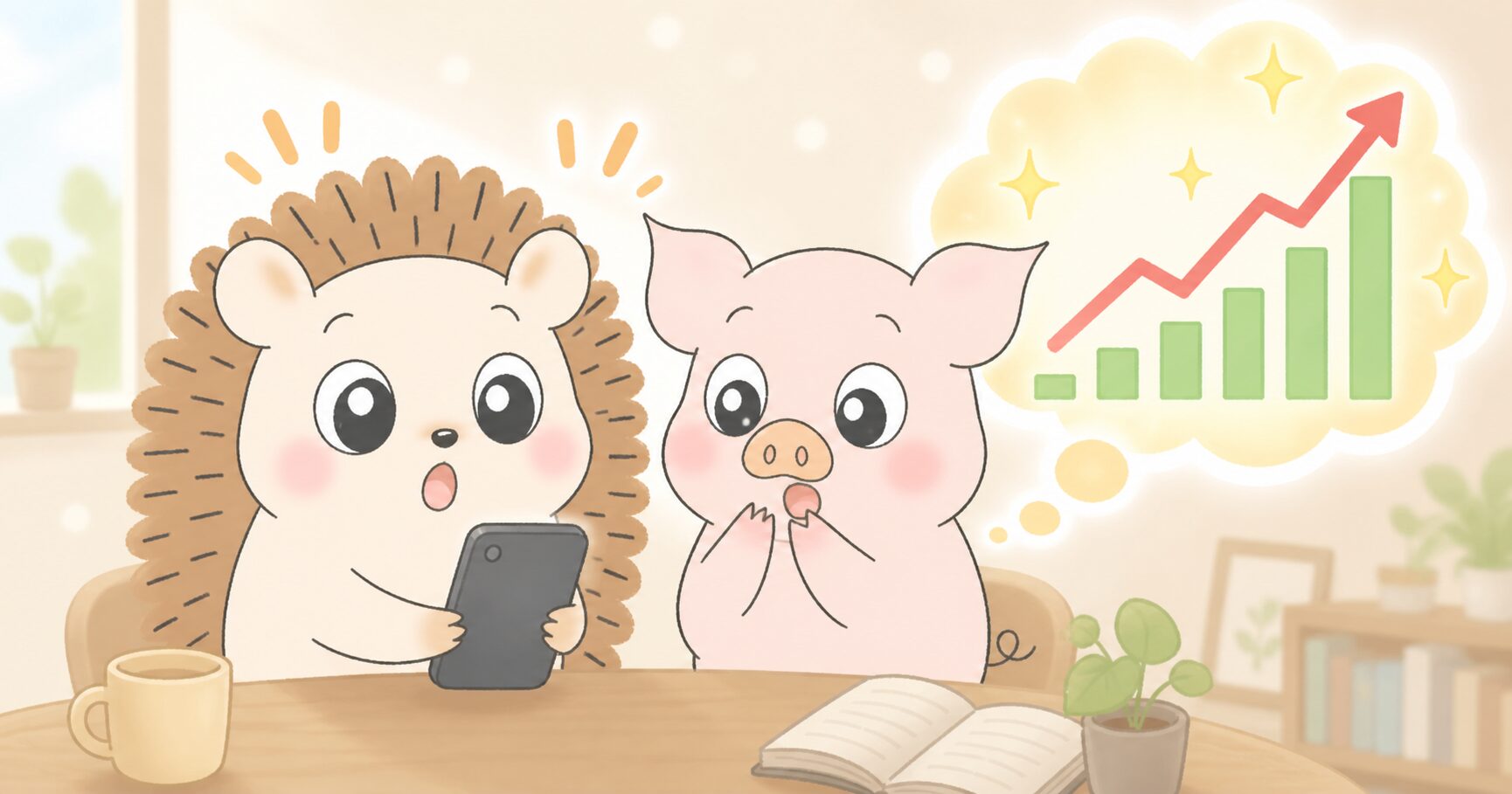 家計管理アプリと書類に囲まれて喜ぶハリーとトン吉