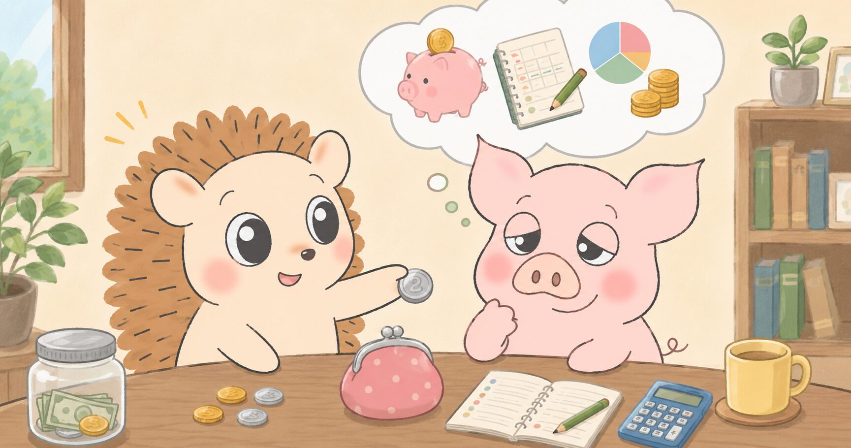 お小遣い制度について考えるハリーとトン吉のイラスト