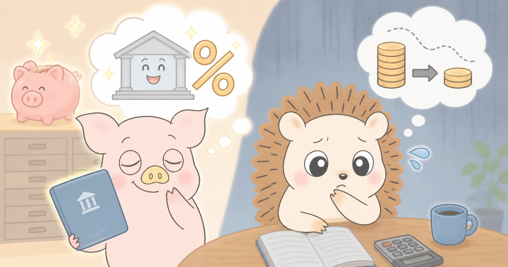 貯金と利息について考えるハリーとトン吉
