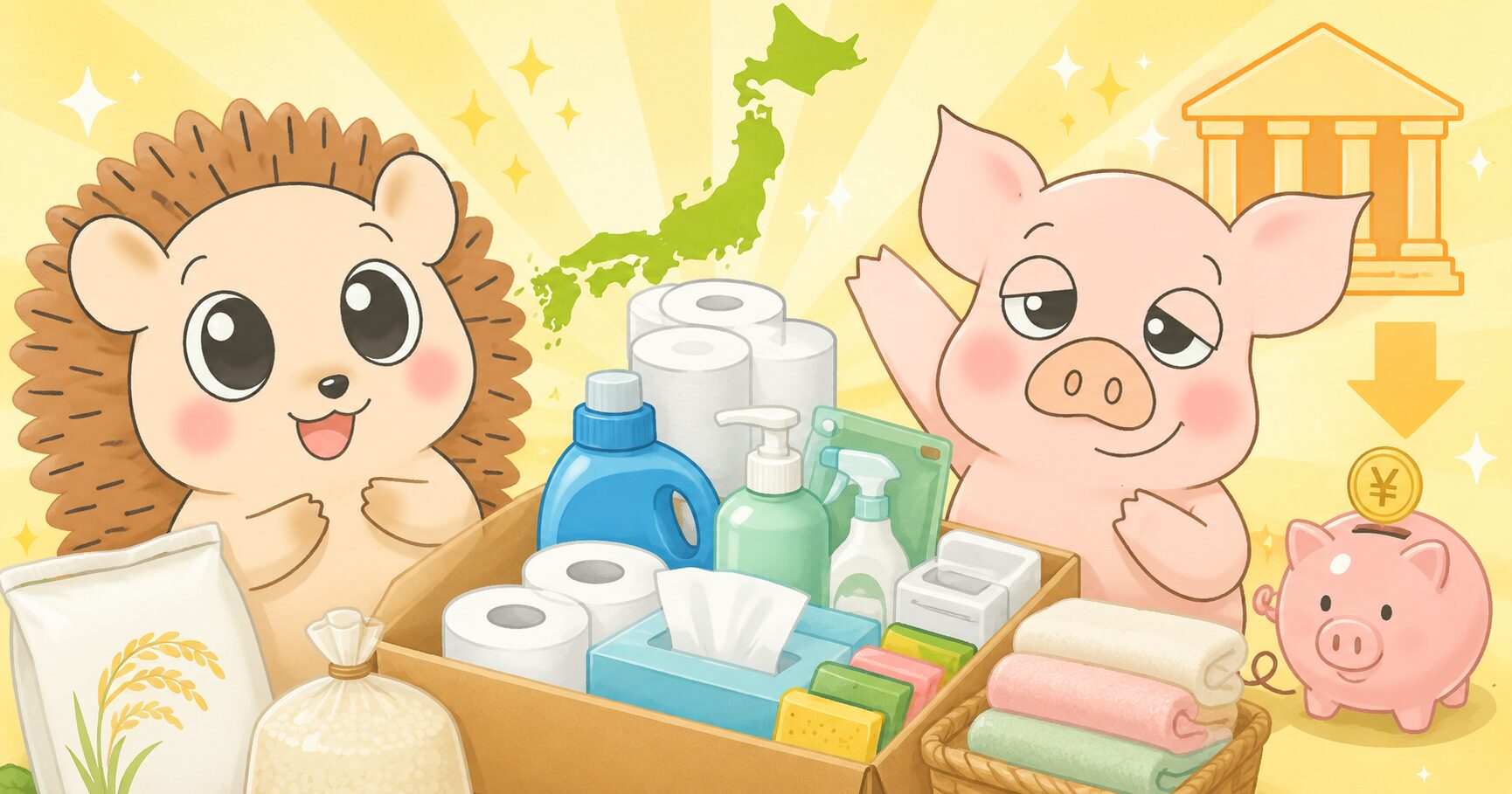 ふるさと納税の日用品返礼品を選ぶハリーとトン吉のイラスト
