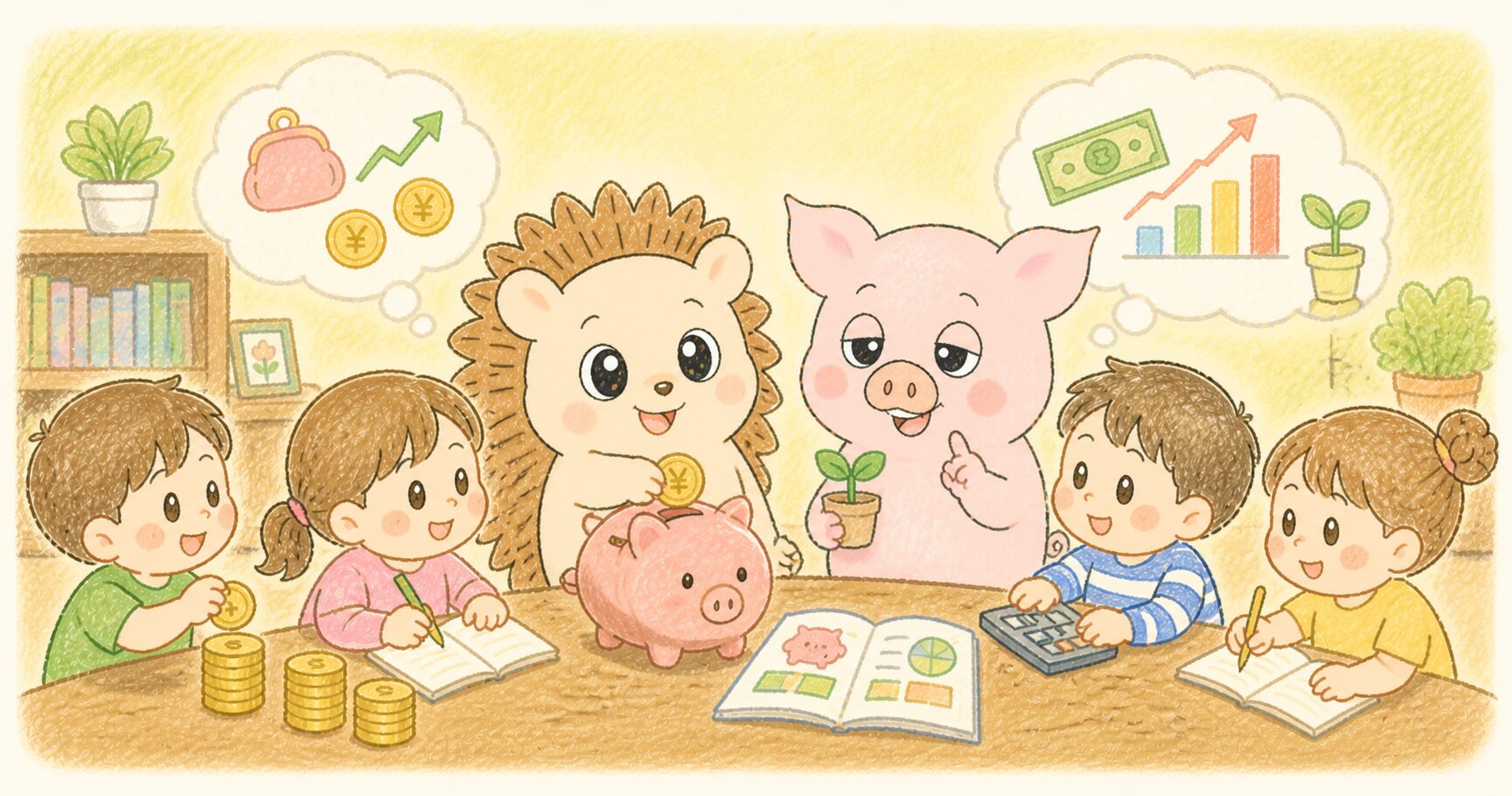 予算管理をするハリーとトン吉のイラスト