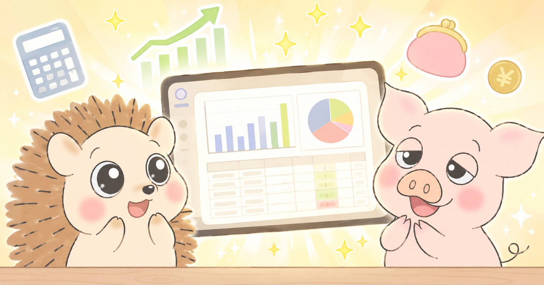 引き落とし残高チェッカーを使うハリーとトン吉のイラスト