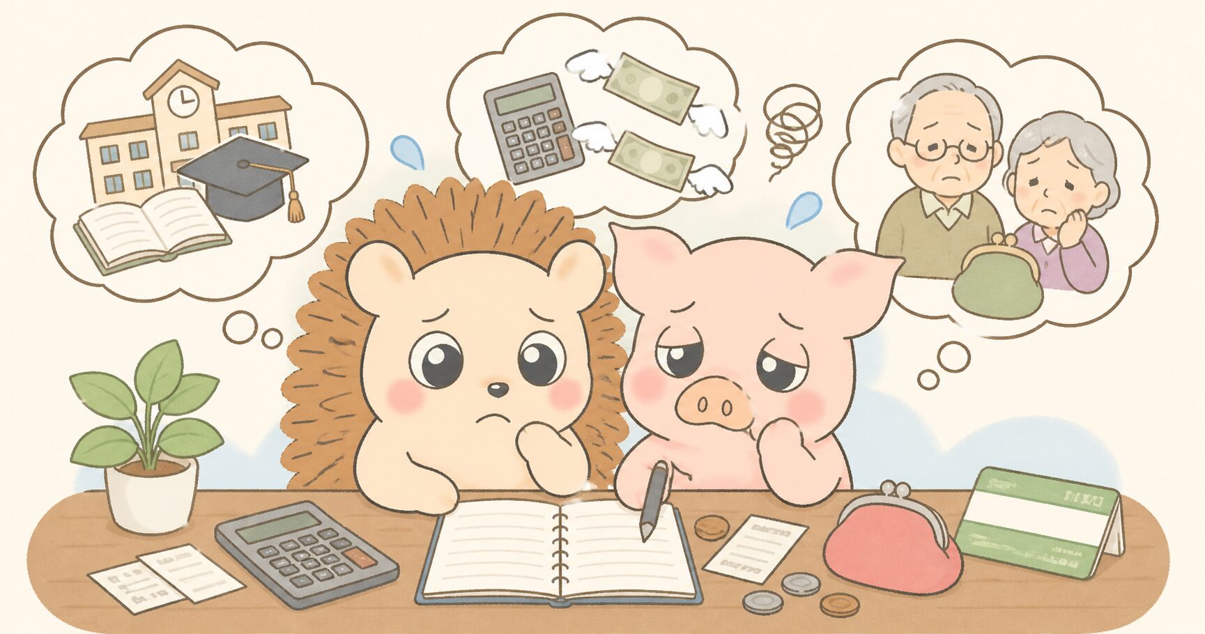 家計管理について考えるハリーとトン吉の様子
