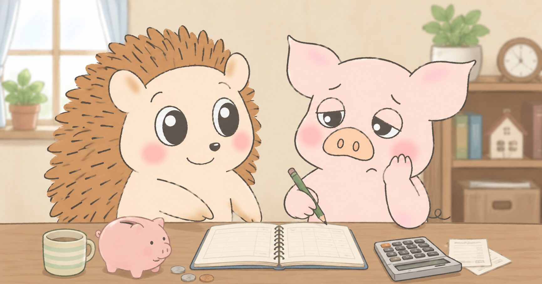マネーフォワード MEで家計簿を管理するハリーとトン吉のイラスト