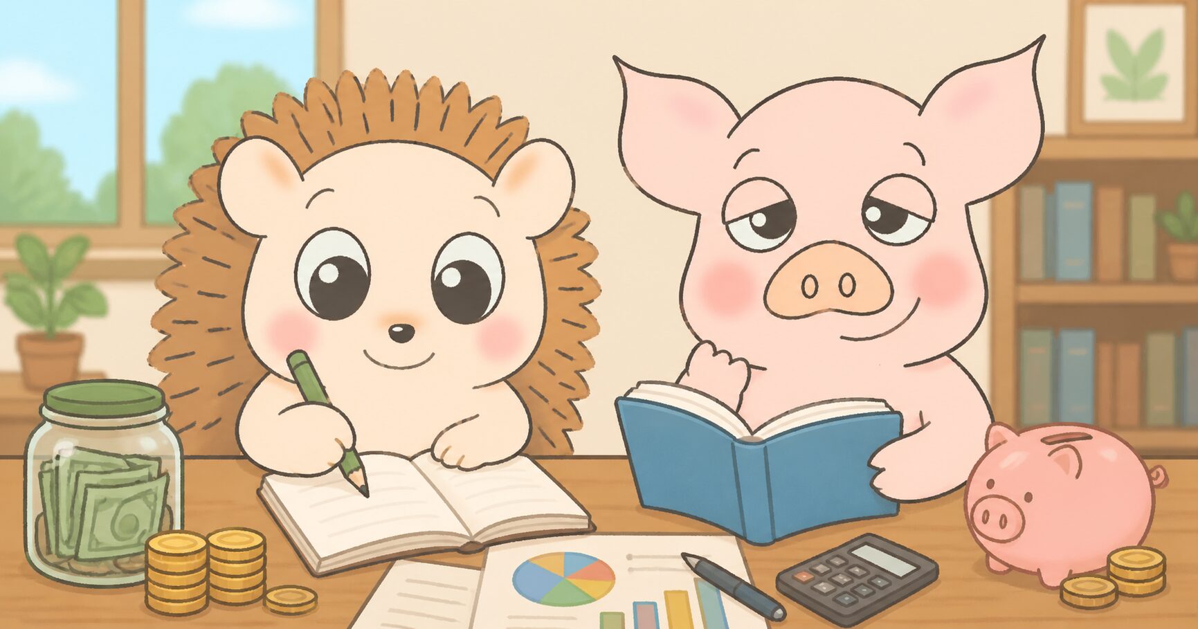ハリネズミとブタが机に向かって家計簿をつけているイラスト｜生活防衛費の記事のアイキャッチ