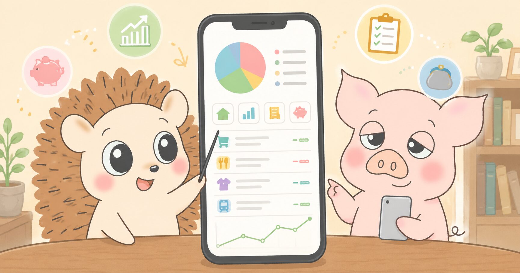 月間予算チェッカーの使い方を確認するハリーとトン吉のイラスト