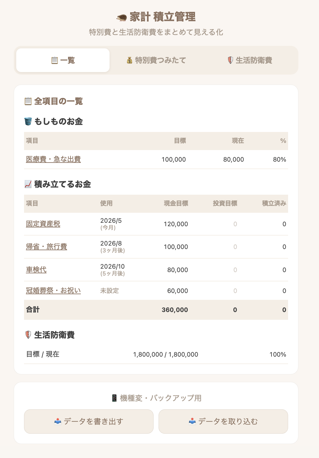 家計積立管理アプリの一覧画面