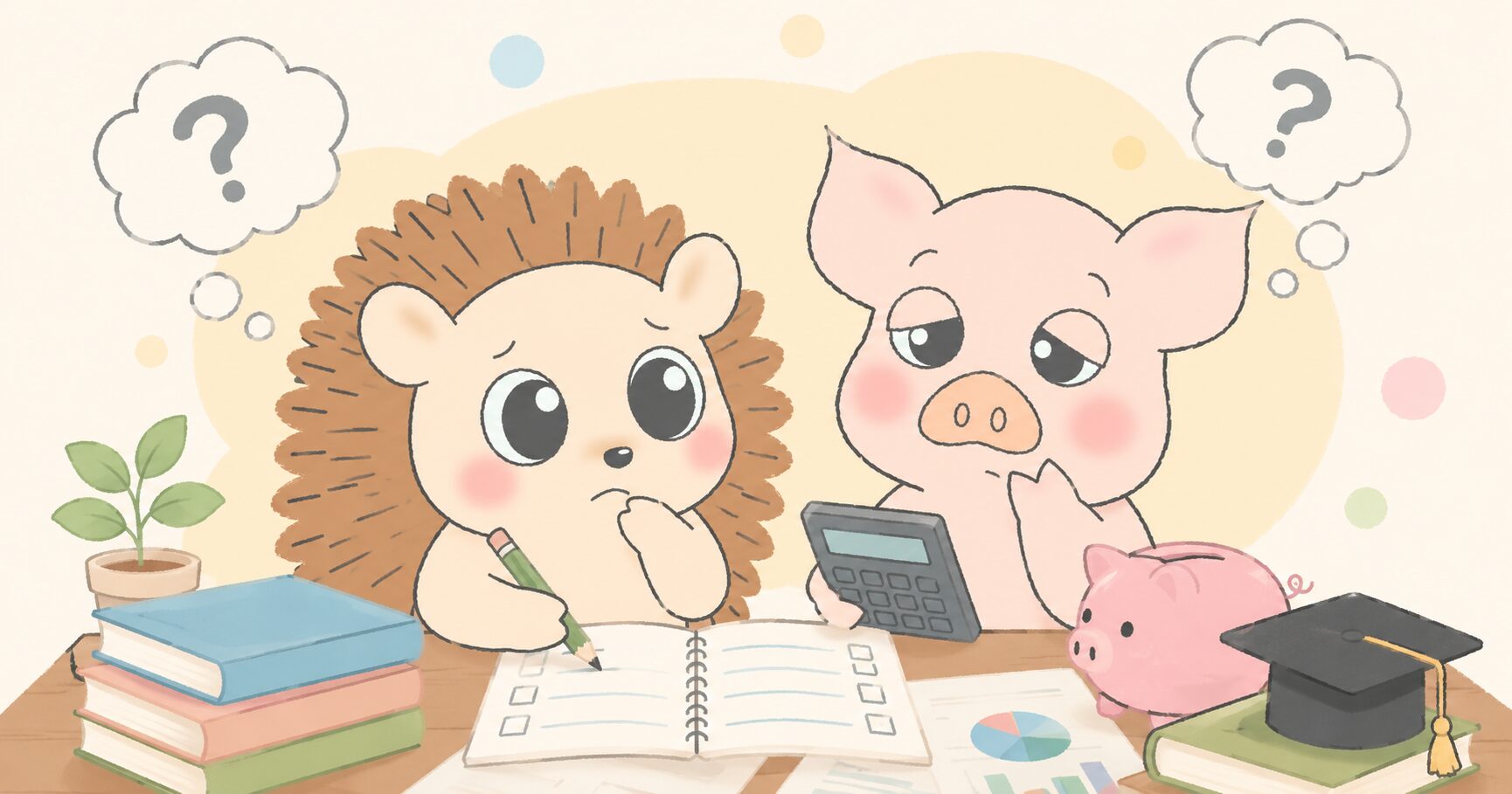 子供の学費を試算して驚くハリーとトン吉のイラスト
