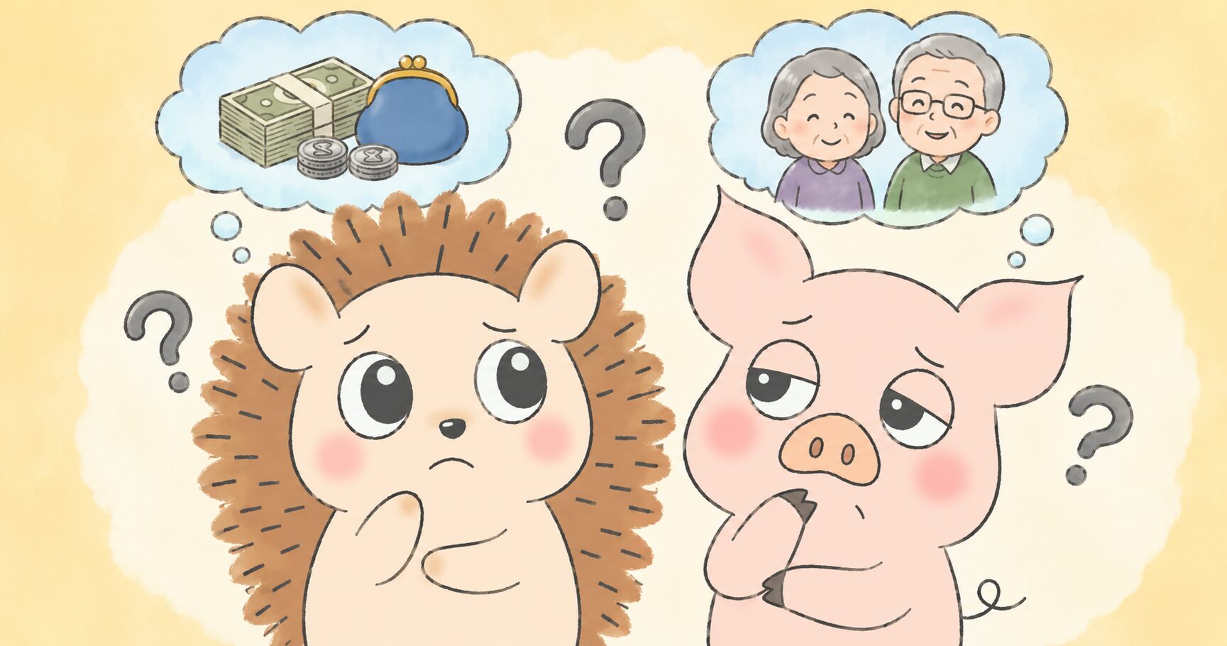 年金見込み額をねんきんネットで確認するハリーとトン吉のイラスト