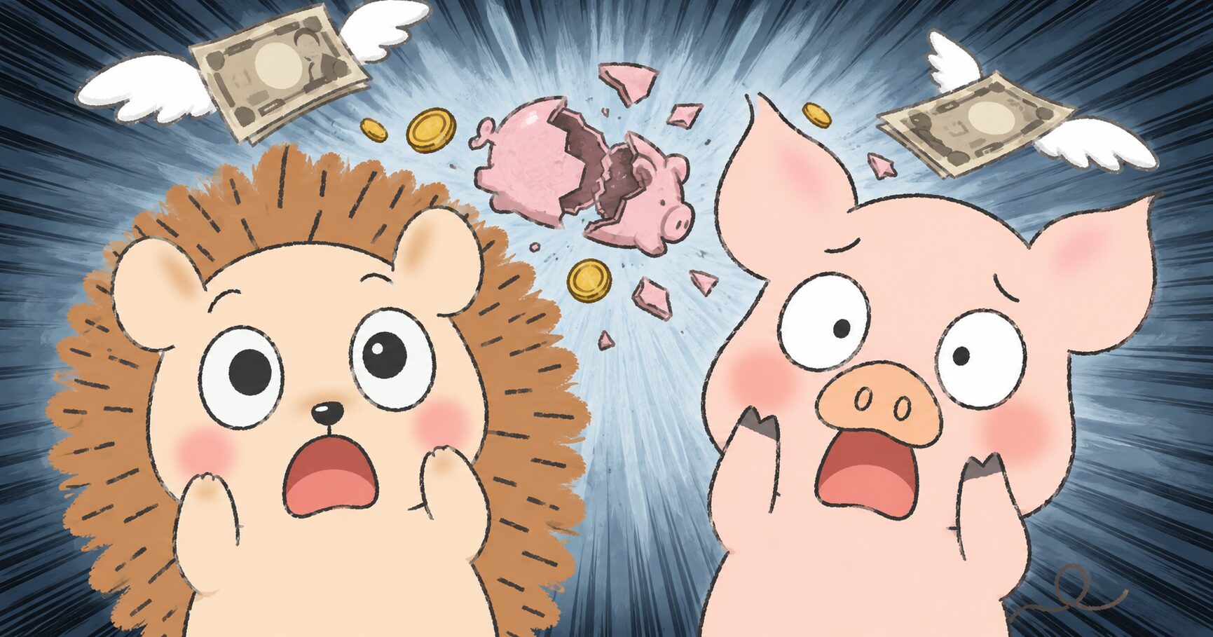 老後2000万円問題について考えるハリーとトン吉のイラスト
