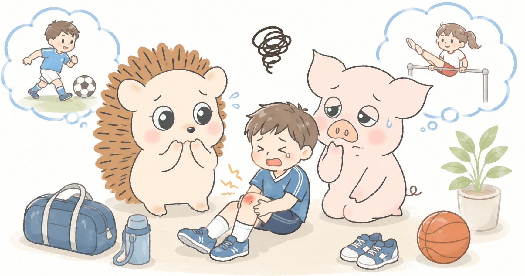 スポーツ中に膝を怪我して泣いている子どもと、心配そうに見守るハリーとトン吉のイラスト。スポーツバッグやボールが置かれている