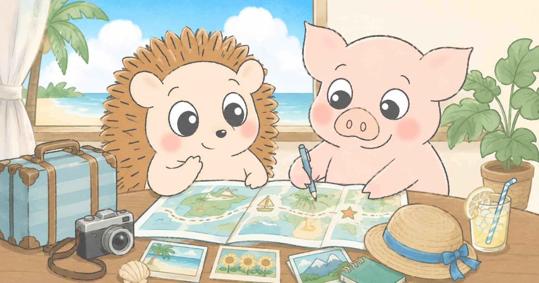 地図を広げて家族旅行の計画を立てるハリーとトン吉のイラスト。スーツケースやカメラ、麦わら帽子も並んでいる