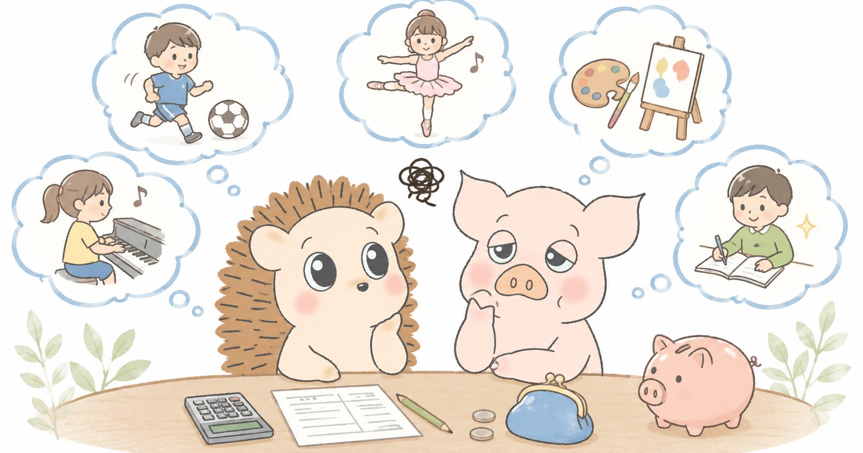 サッカー・バレエ・ピアノ・絵画・勉強など子どもの習い事を思い浮かべながら、電卓と家計メモ、財布、貯金箱を前に費用を考えるハリーとトン吉のイラスト