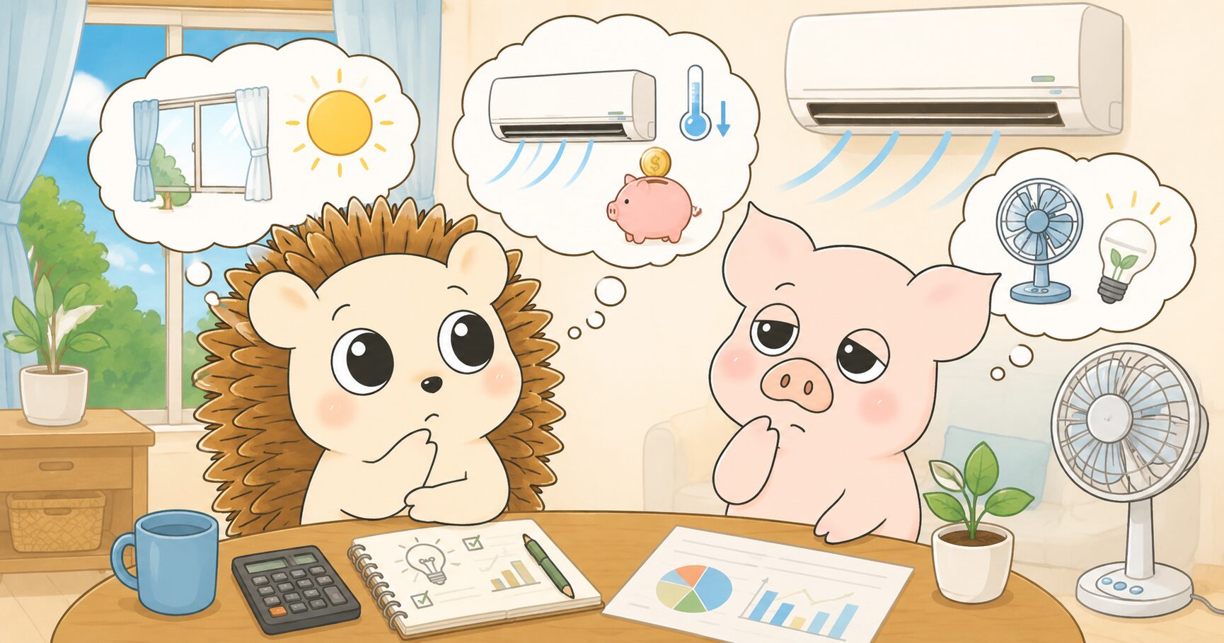 太陽光パネルを設置した家の電気代を1年ぶんくらべるハリーとトン吉のイラスト