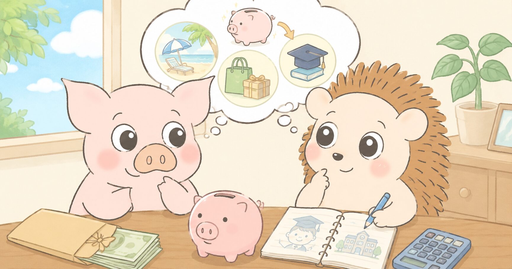 夏のボーナスの使い道を旅行・買い物・学費から考え、学費の貯金にまわすことにしたハリーとトン吉のイラスト。現金の封筒や貯金箱、卒業帽と学校のノートが描かれている