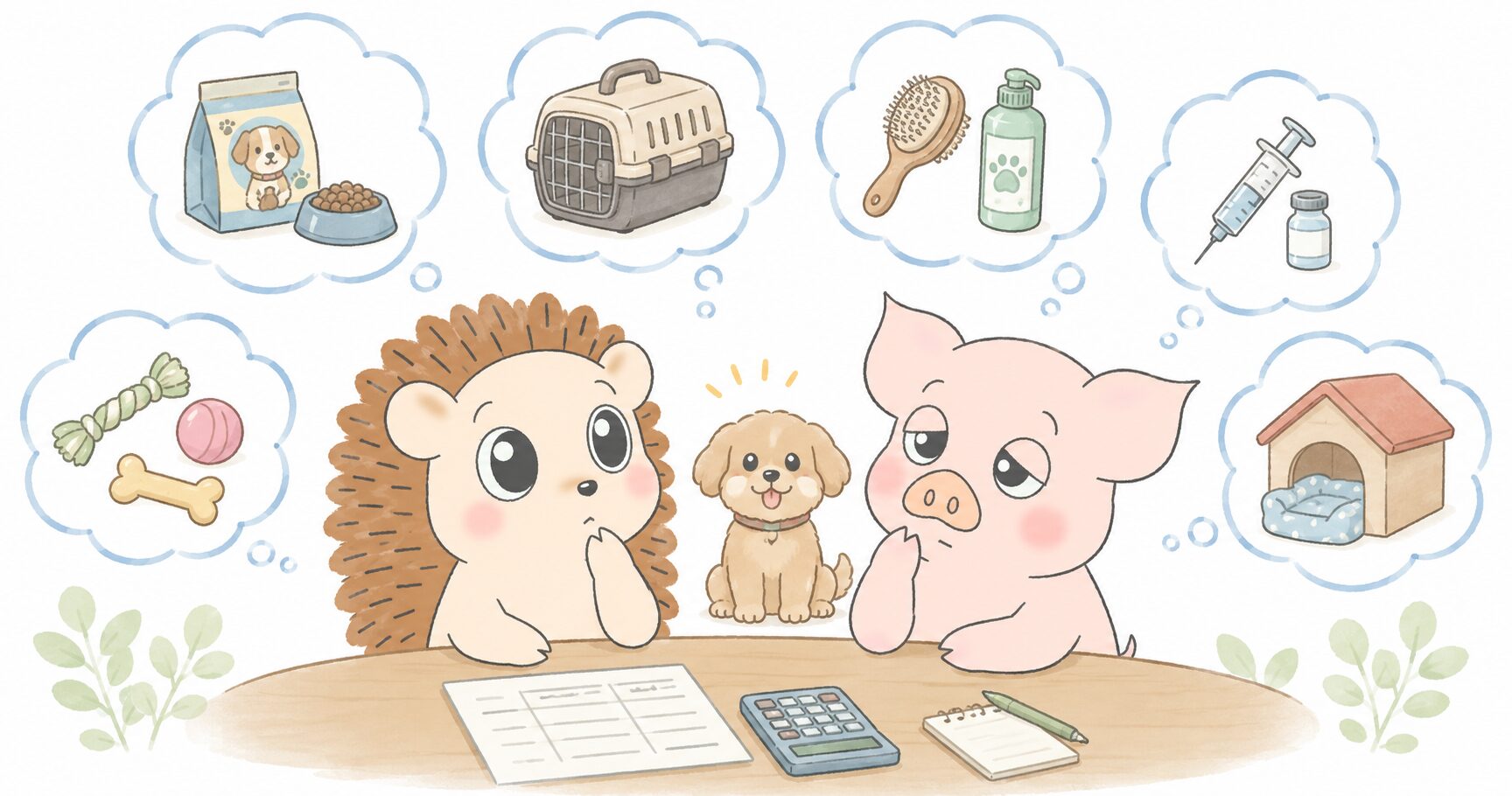 ドッグフードやキャリーバッグ、ブラシ、おもちゃなど犬にかかる費用を思い浮かべるハリーとトン吉のイラスト。子犬も一緒に描かれている