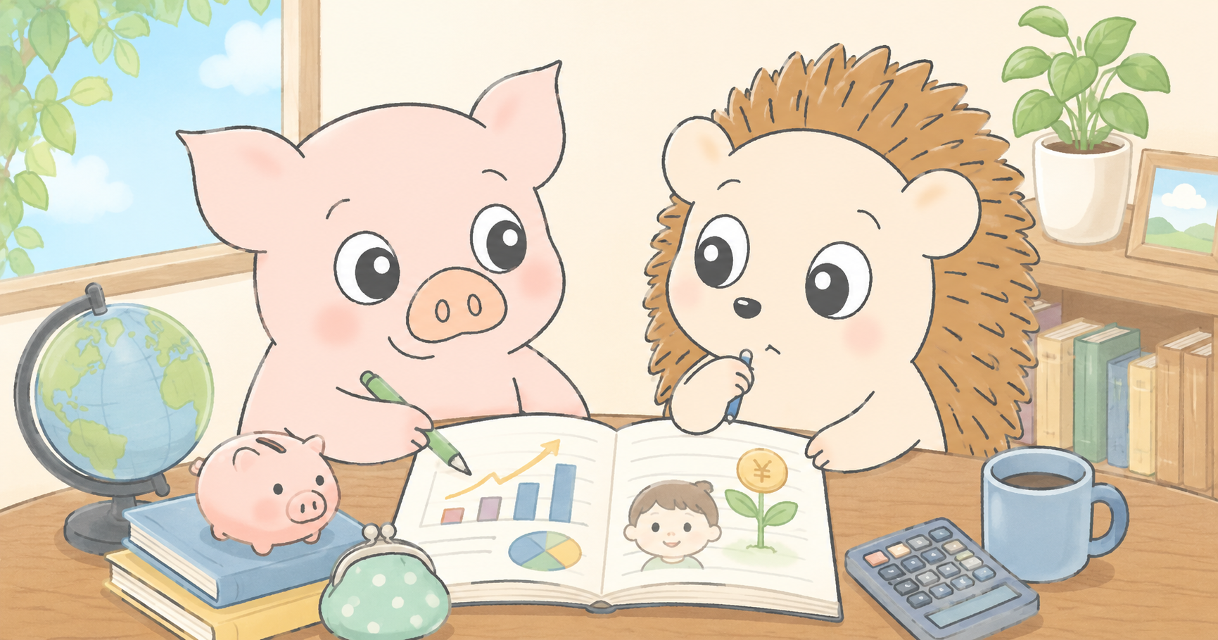 こどもNISAの準備を考えるハリーとトン吉のイラスト。投資の成長グラフや芽が出た植物、子どもの絵、貯金箱、地球儀、電卓が描かれている