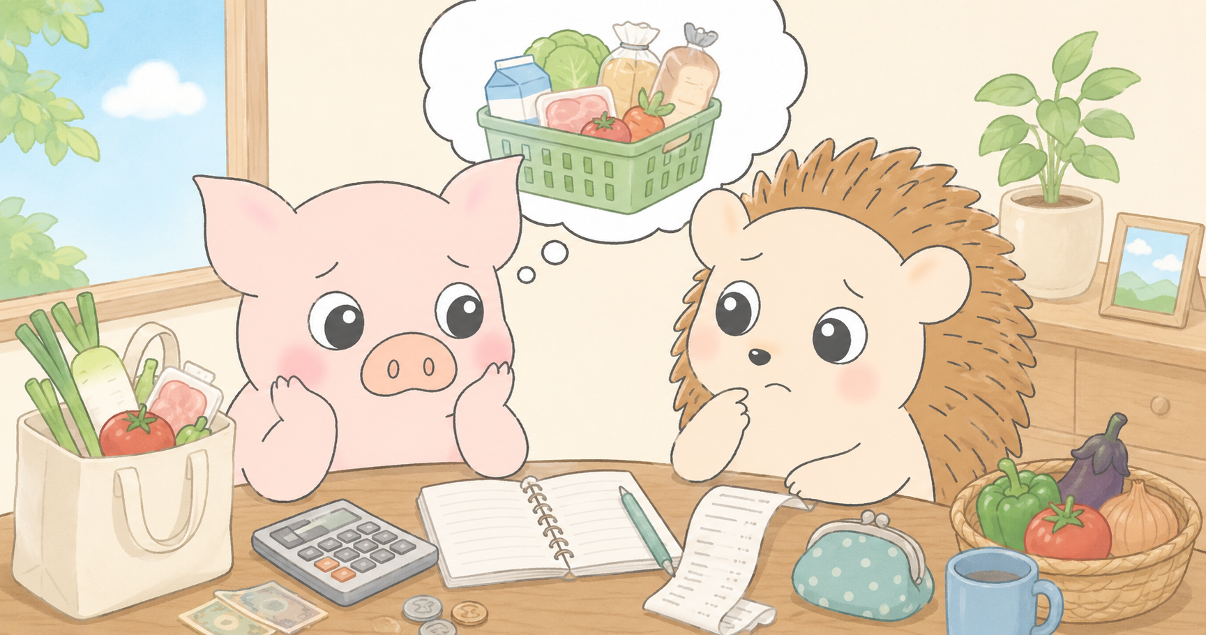 5人家族の食費を考えるハリーとトン吉のイラスト。買い物カゴいっぱいの食材や野菜、レシート、お財布、電卓が描かれている