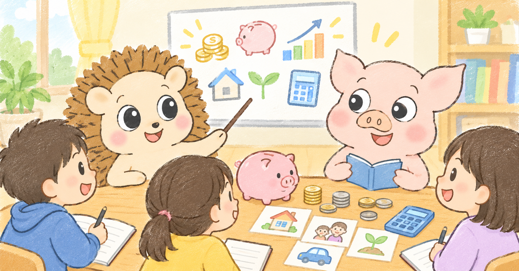 子どもたちと一緒にお金のことを学ぶハリーとトン吉のアイキャッチ画像