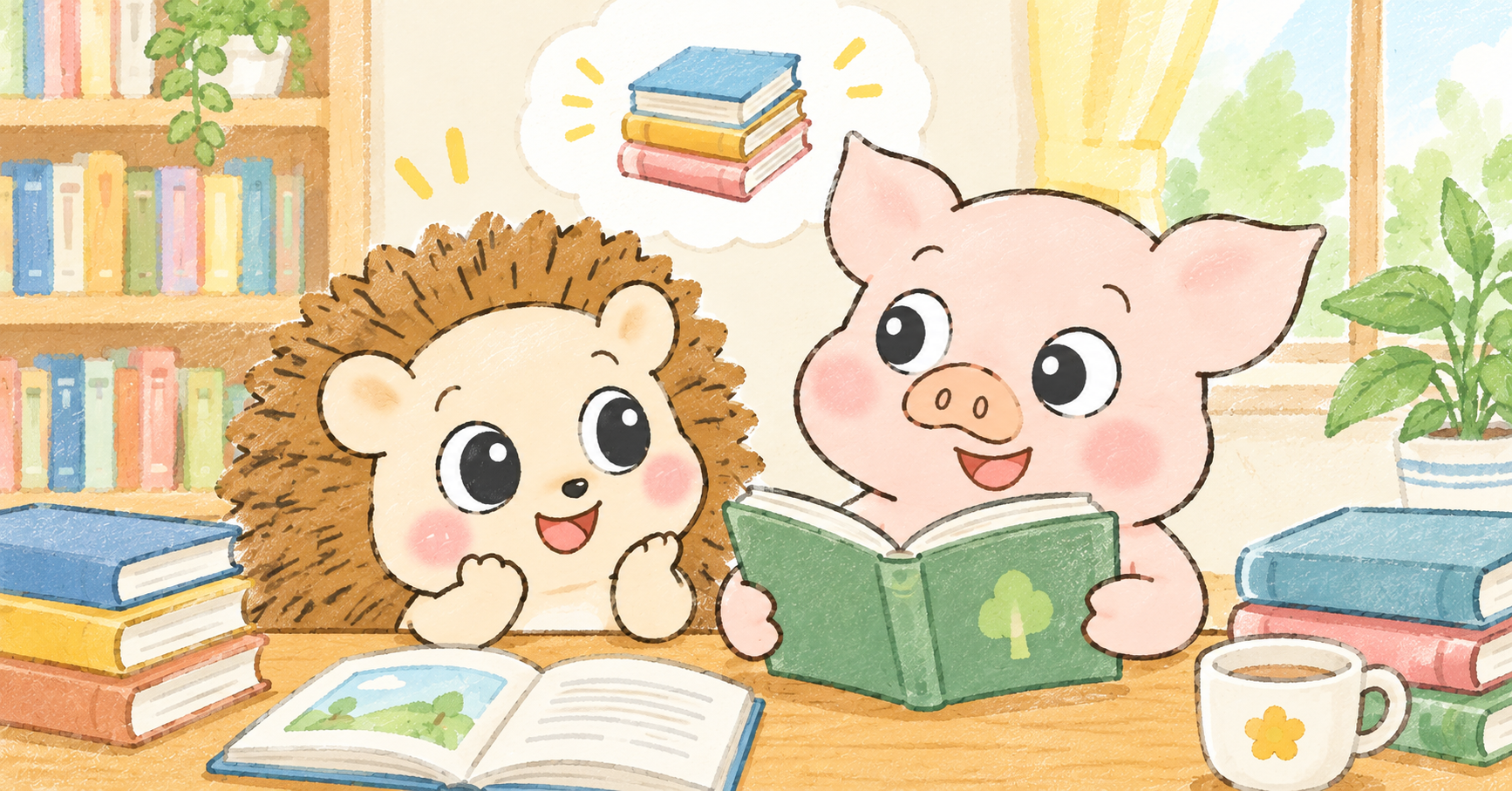 本を読みながらお金の大冒険の感想を話すハリーとトン吉のアイキャッチ画像