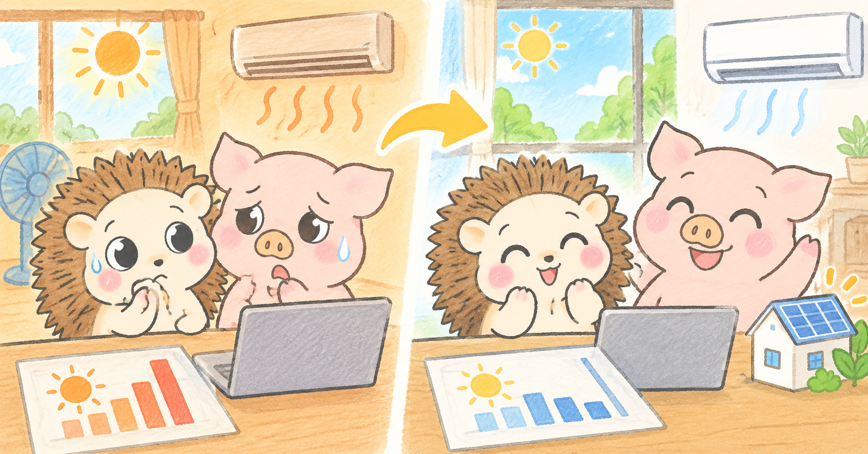 太陽光パネルの夏の電気代を設置前と比べるハリーとトン吉のアイキャッチ画像